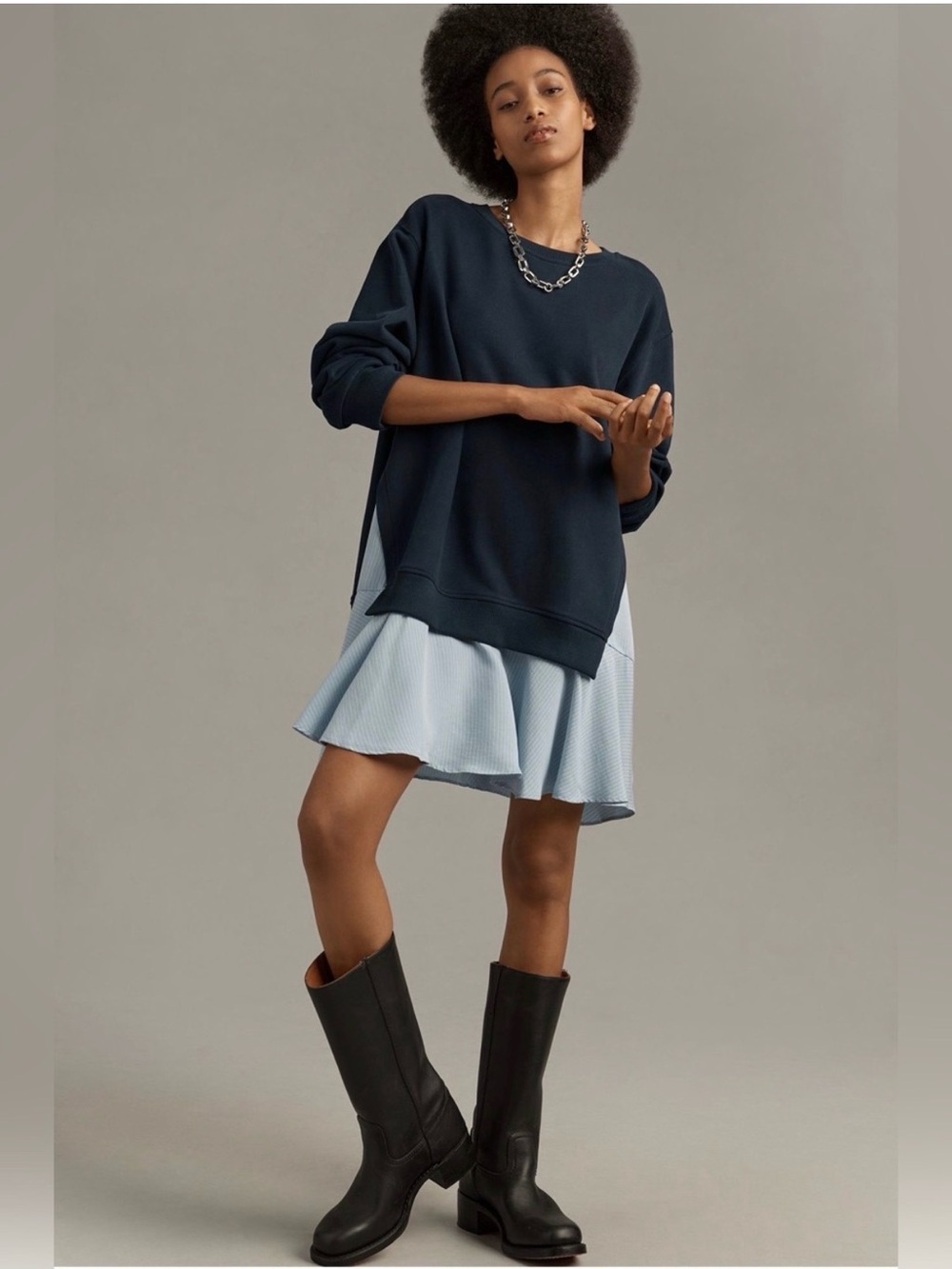 ANTHROPOLOGIE Maeve Long Sleeve Twofer Mini Dress in Navy size S